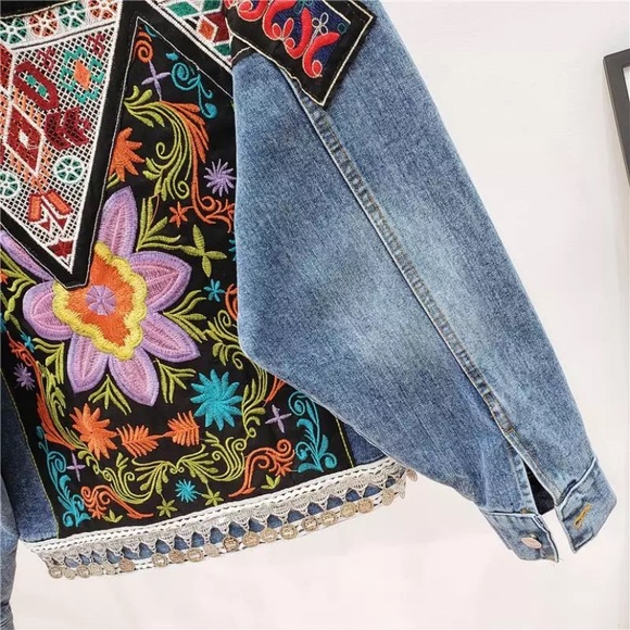 SOLD OUT Boho Floral Embroidered Oversized Denim Jacket - Picture 7 of 8